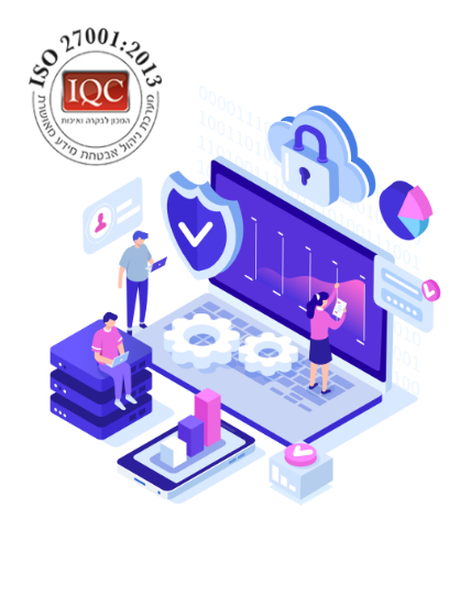 איור המתאר אבטחת מידע: אנשים עובדים על מחשב ענק עם סמלים של ביטחון מידע וסודיות. לוגו תקן ISO 27001